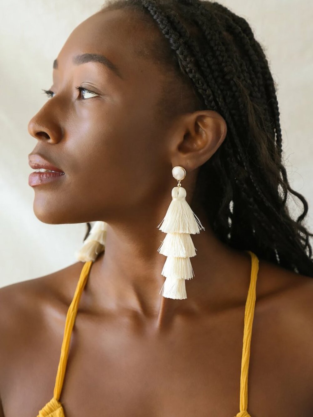Lulus Chic Factor Ivory Gold Fringe Dangle Tassel Earrings 4.5" Long